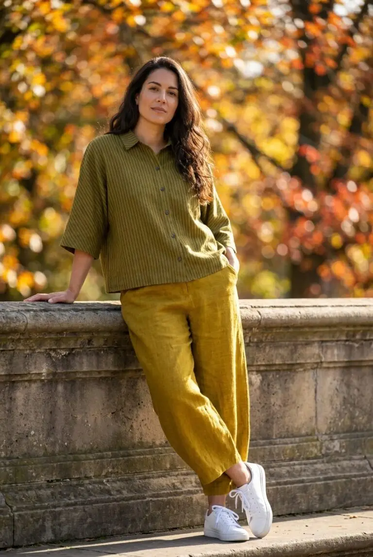 Woman posing by stone railing in autumn park