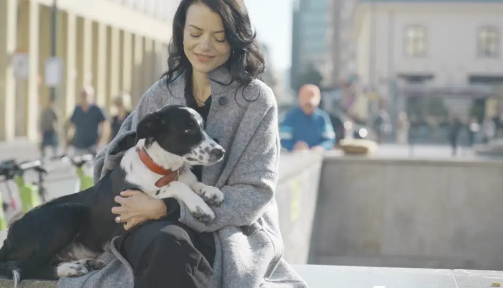 Une femme portant un manteau gris sourit tout en tenant un chien noir et blanc à l'extérieur dans une rue de la ville.