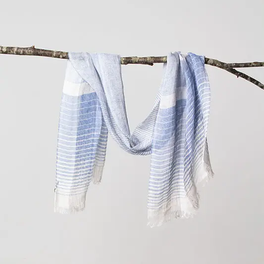 Blue and white striped scarf hanging on a branch