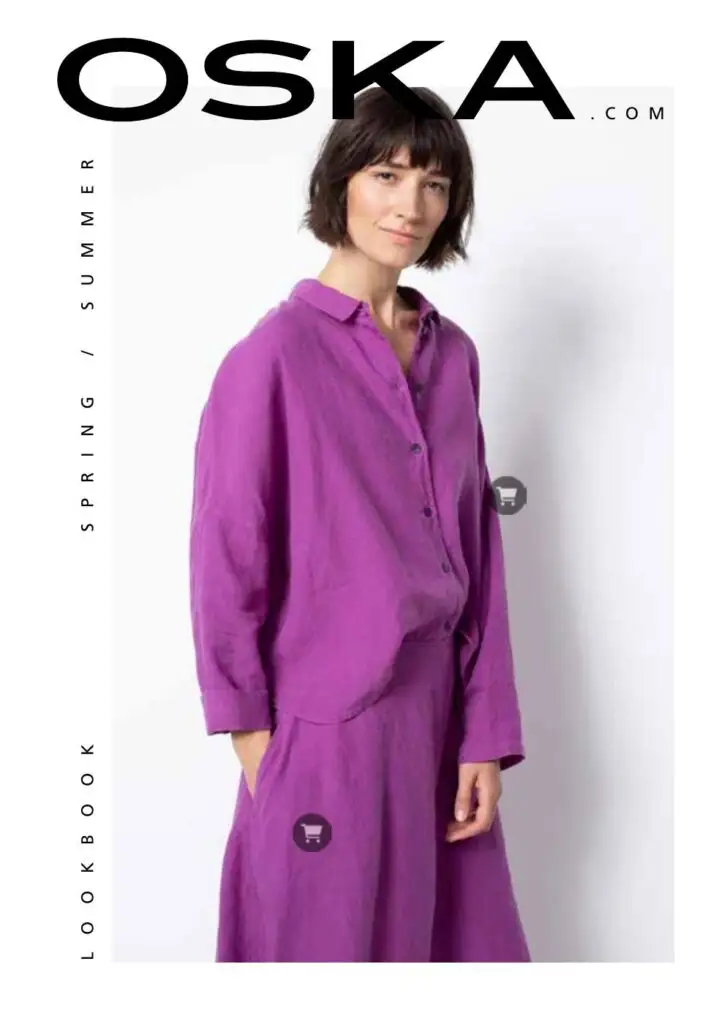 Model in a purple linen outfit on the OSKA lookbook cover