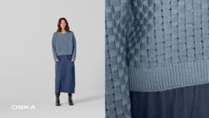 Model wearing a stylish blue knit outfit.