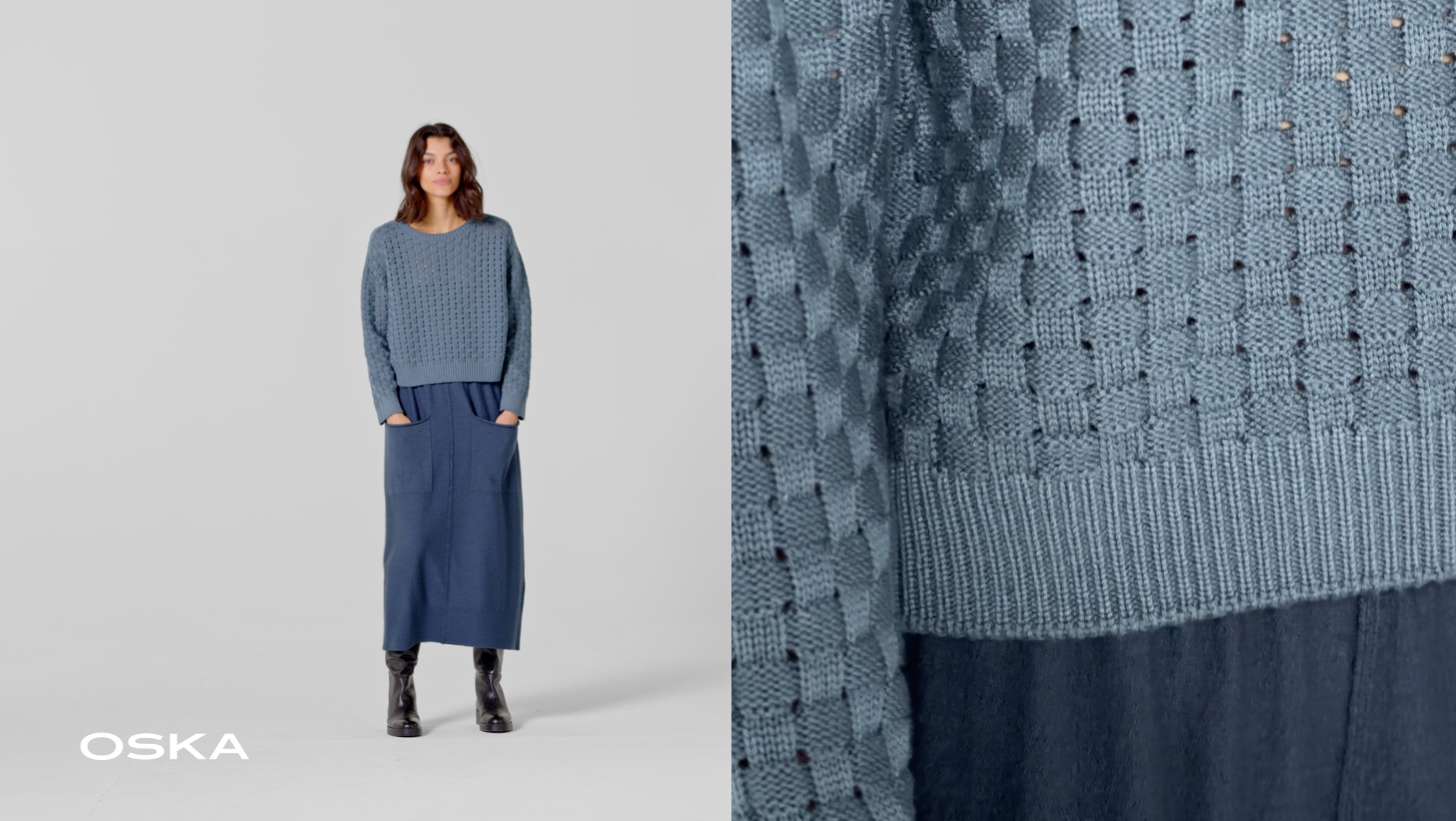 Model wearing a stylish blue knit outfit.