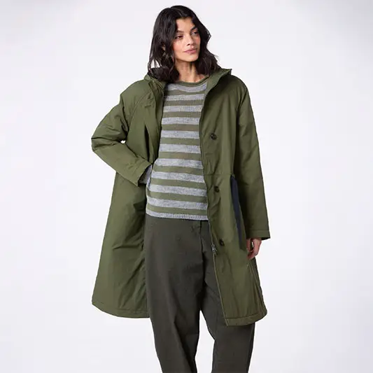 Model wearing a green coat and striped sweater.