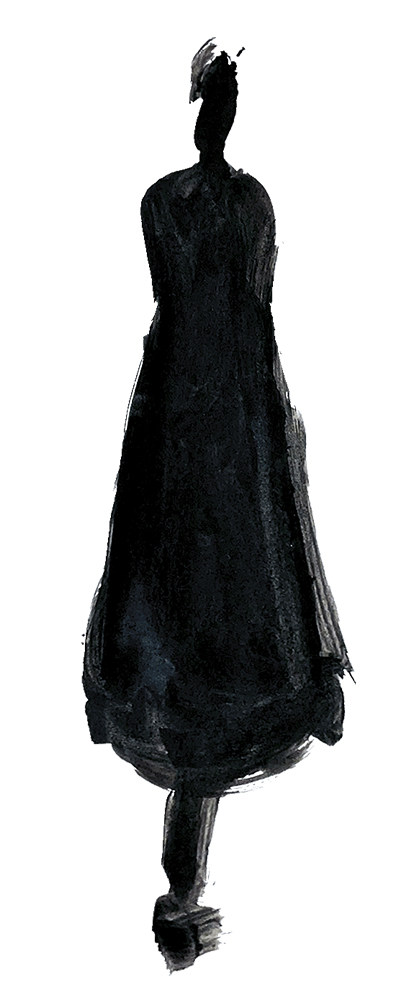 Silhouette of a person in a dark dress.