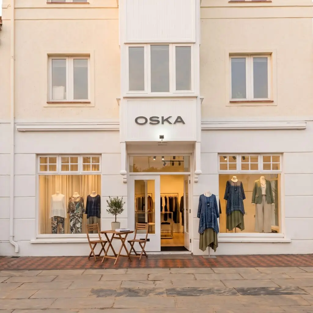 Vitrine de la boutique de vêtements OSKA avec des mannequins et une terrasse